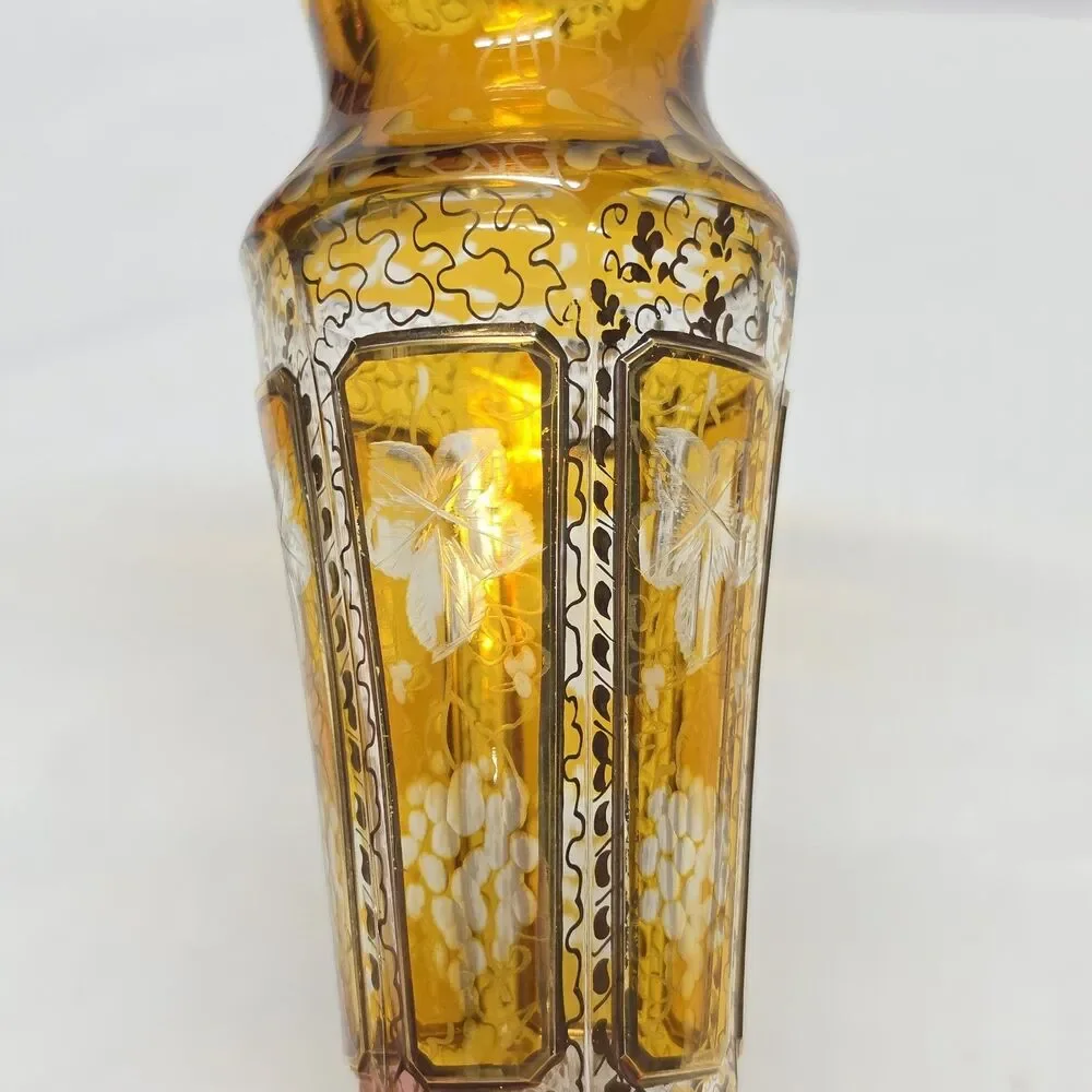 Vintage Old Bohemian Etched Crystal Honey Amber Czech Vase 8”